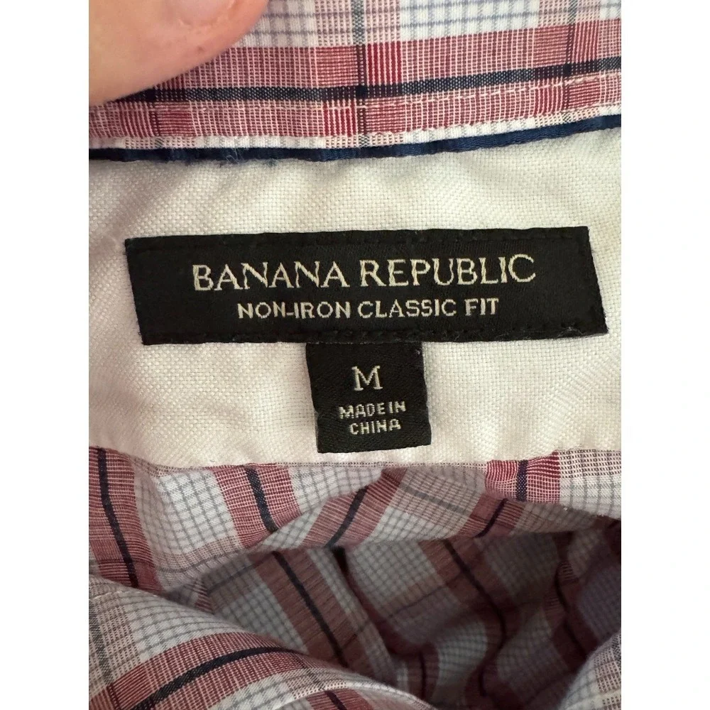 Banana Republic Shirt Mens Medium Red White Blue Plaid Non-Iron Classic Fit Long